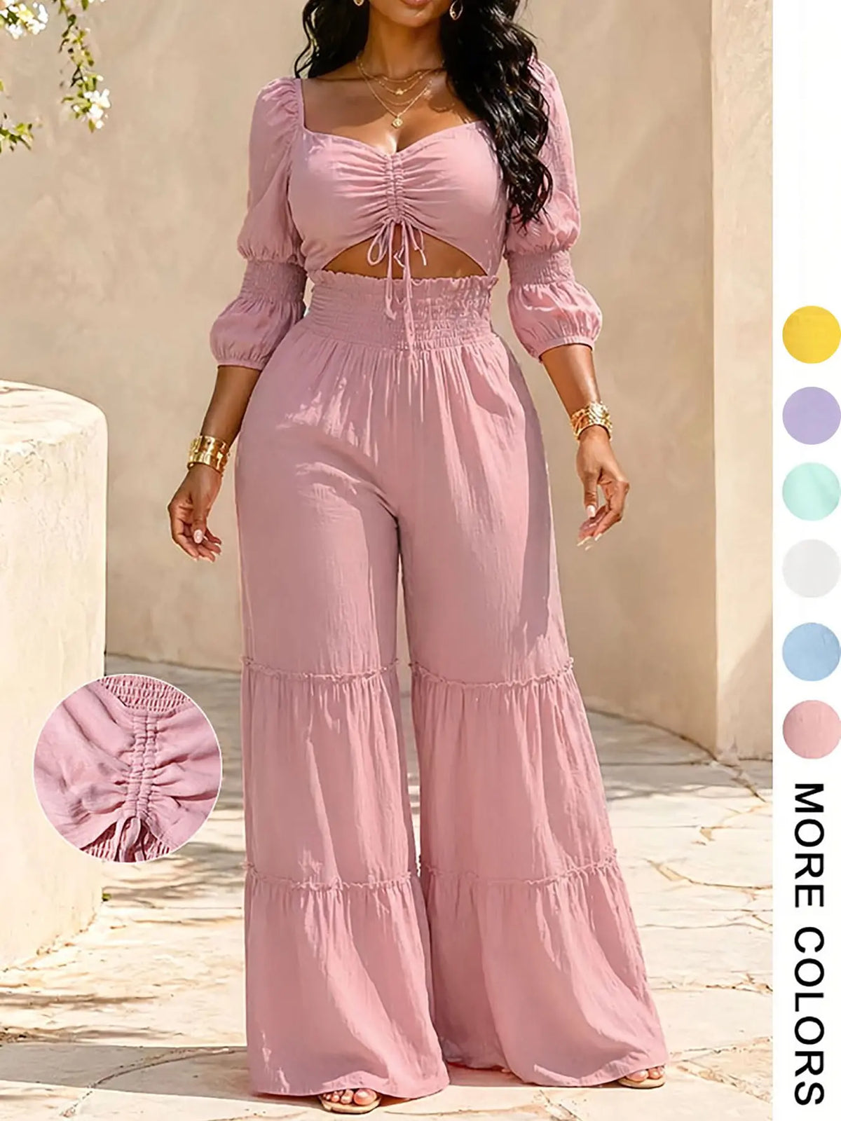 Women's Square Neck Two-Piece Set, Adjustable Drawstring Top and High Waist Wide Leg Pants, French Chic Elegant Style, Essential for Spring & Fall, Casual Chic Set