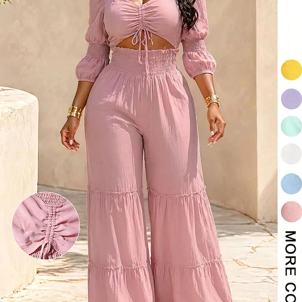 Women's Square Neck Two-Piece Set, Adjustable Drawstring Top and High Waist Wide Leg Pants, French Chic Elegant Style, Essential for Spring & Fall, Casual Chic Set