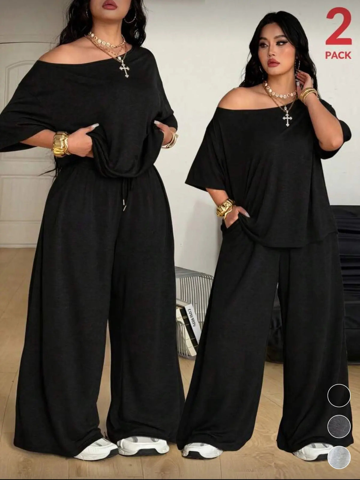 Plus Size Women's Casual Baggy Fit Tee & Pants Set, Comfortable Fabric, Asymmetrical Neckline Top & Wide-Leg Pants, Ideal for Daily Wear & Outdoor Activities, Everyday