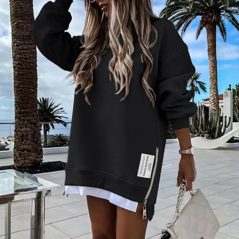 CHICME 2026 Women's Oversized Fall Long Sleeve Pullover Sweatshirt Zipper Slit Casual Dress Drop Shoulder Outfits, Dresses For Women, Women's Clothes