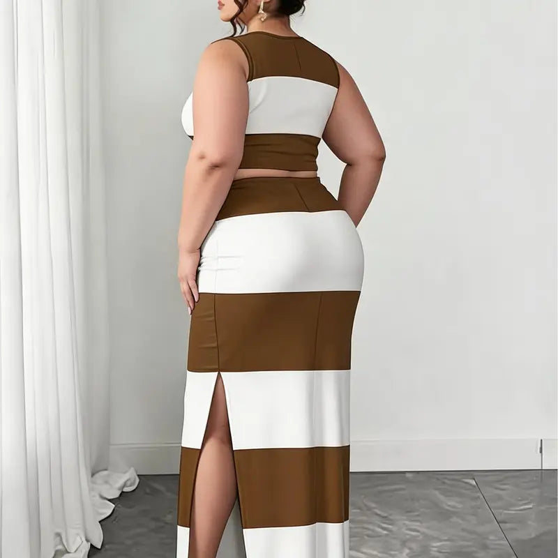 Women's Plus Size 2-Piece Matched Set - Sleeveless Striped Butterfly Print Bodycon Crop Top & Stripe Skirt & Top Sets, Midi Length Split Skirt, Casual Chic Plus Size Clothes for Going Out