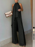 2-Piece Elegant Chic Casual Party Set, Summer Matching Set, Asymmetric-Hem Halter-Neck Sleeveless Top & Wide-Leg Pants, Women's Vacation & Date Outfit, Spring/Summer