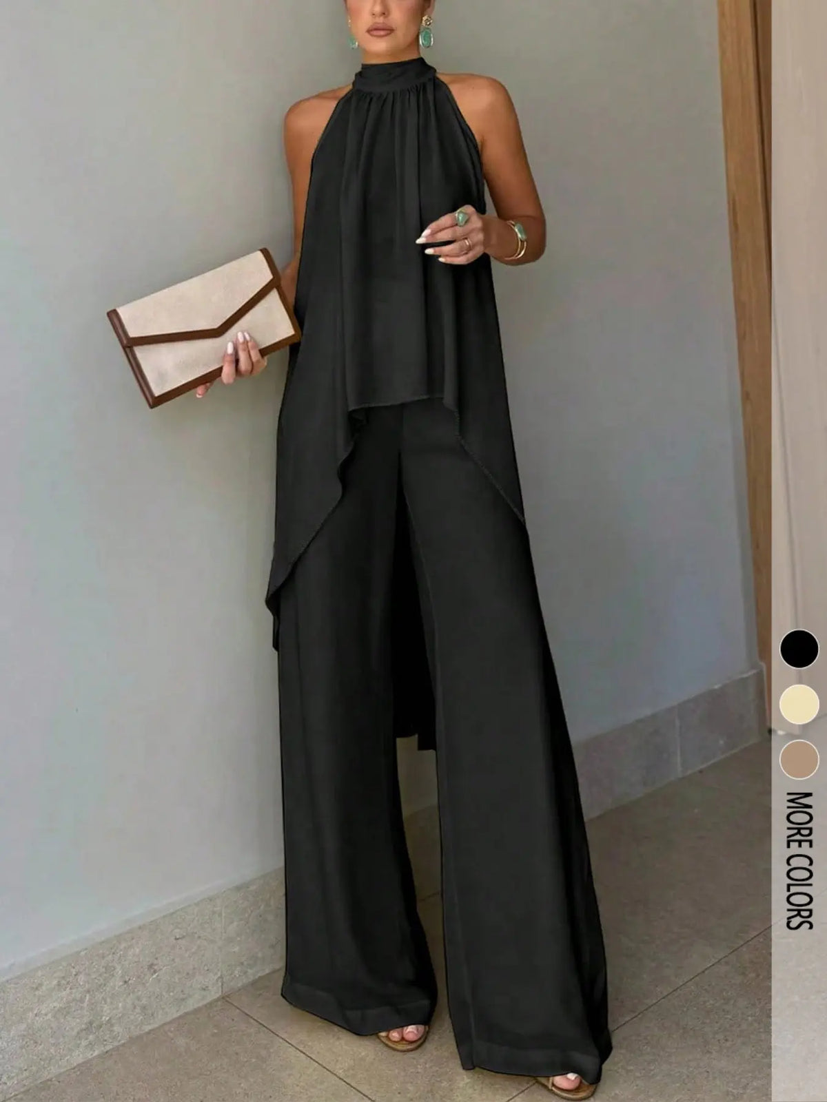 2-Piece Elegant Chic Casual Party Set, Summer Matching Set, Asymmetric-Hem Halter-Neck Sleeveless Top & Wide-Leg Pants, Women's Vacation & Date Outfit, Spring/Summer