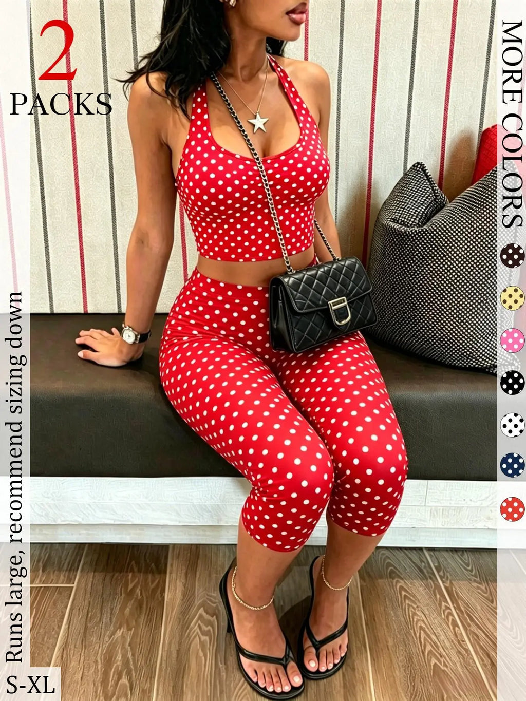 2 Packs Women Polka Dot 2 Piece Outfit, Casual Chic Set, Halter Crop Top & High Waist Capri Leggings Set, Bohemian Slim Fit Loungewear Tracksuit for Streetwear Summer