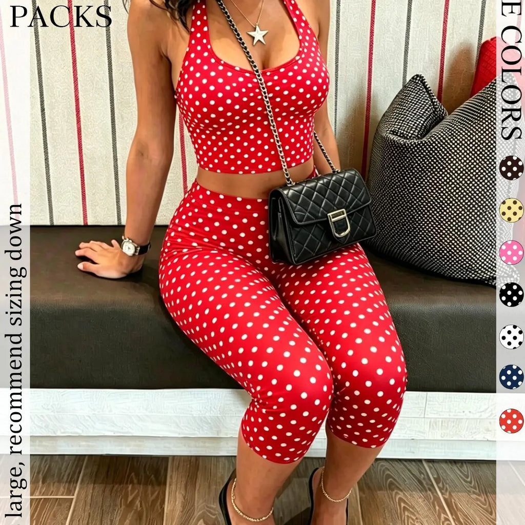 2 Packs Women Polka Dot 2 Piece Outfit, Casual Chic Set, Halter Crop Top & High Waist Capri Leggings Set, Bohemian Slim Fit Loungewear Tracksuit for Streetwear Summer
