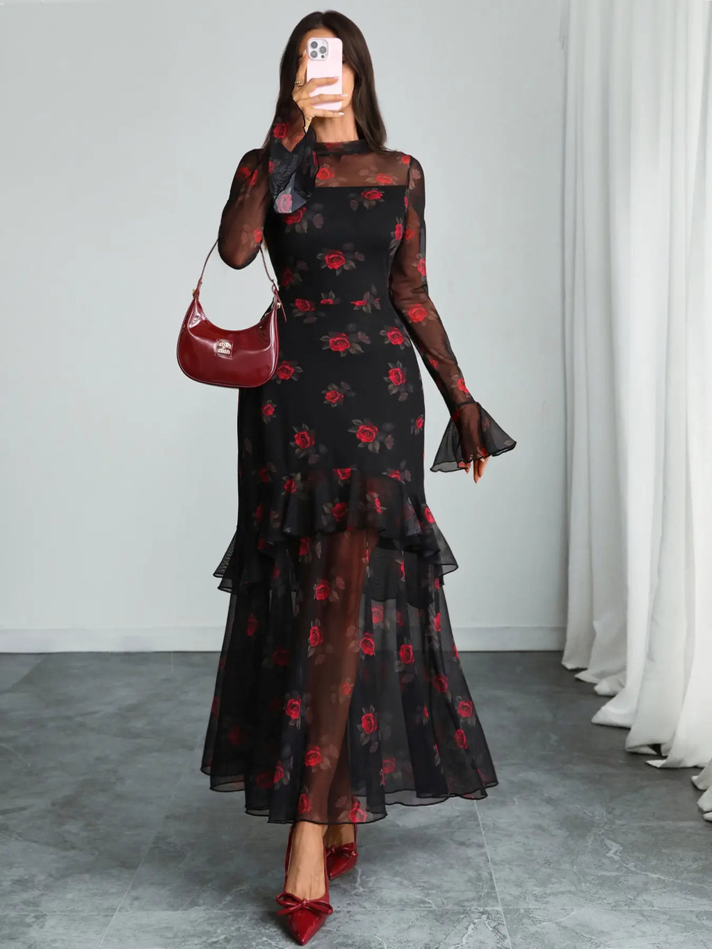 Women's Floral Print Chic Dress, Elegant Gothic Long Sleeve Dress for Party Holiday Wedding Guest, Ladies Clothes for All Seasons #GLOBAL PICKS
