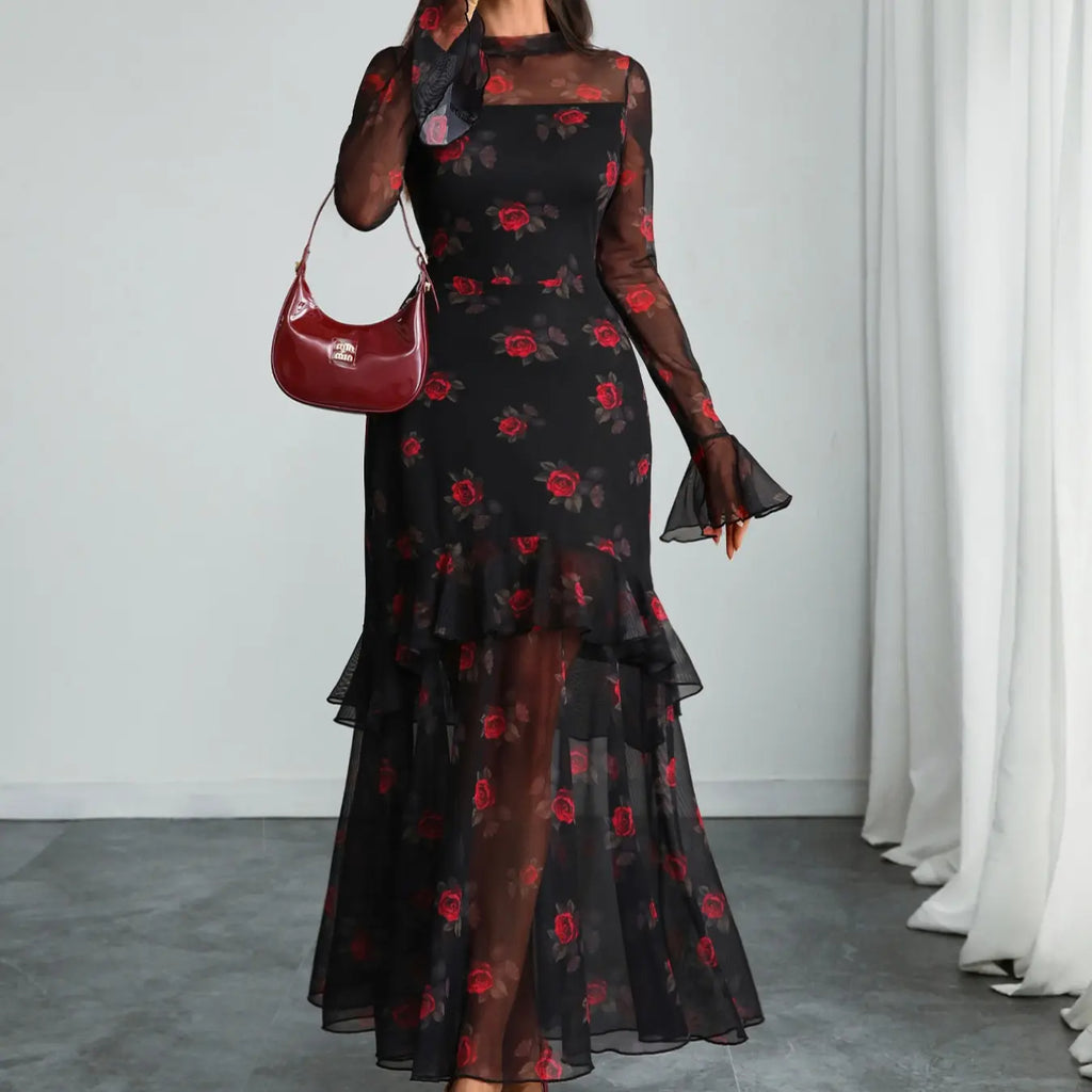 Women's Floral Print Chic Dress, Elegant Gothic Long Sleeve Dress for Party Holiday Wedding Guest, Ladies Clothes for All Seasons #GLOBAL PICKS