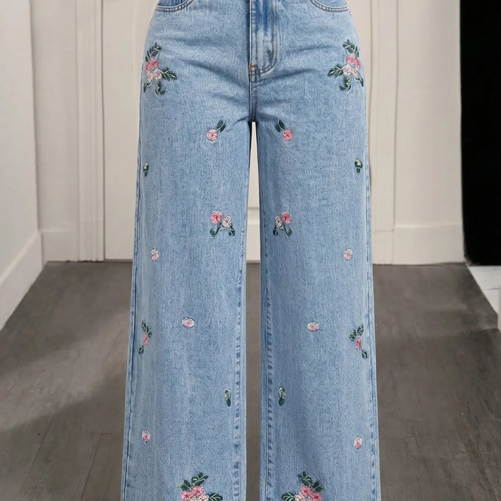 Women's Floral Embroidered Wide Leg Jeans, Casual High Waist Light Blue Washed Loose Fit Straight Pants, Long Denim Trousers, Casual Design Jeans