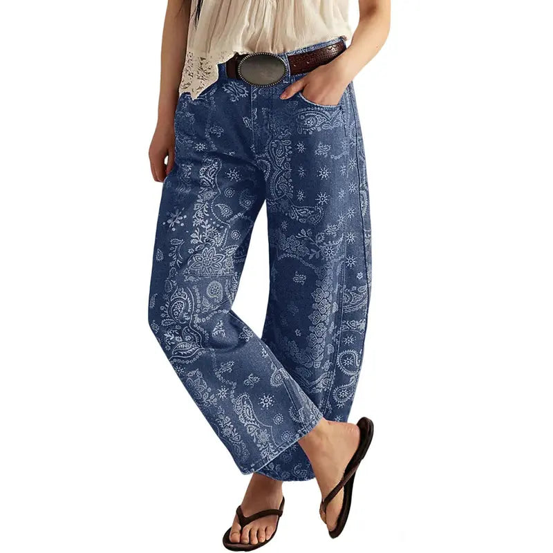 CHOUYATOU Women's Printed Wide-Leg Jeans Y2k Loose Mid-Rise Jeans in Soft Pink with Boho Floral Pattern Casual Denim Trousers