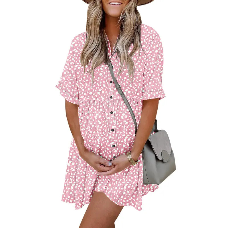 AUSELILY Babydoll Dress for Women Short Sleeve Button Down Textured Non-clingy Loose Fit Flowy Mini Dress with Pockets 2026 New Summer Dress Beachy Style Dress Casual