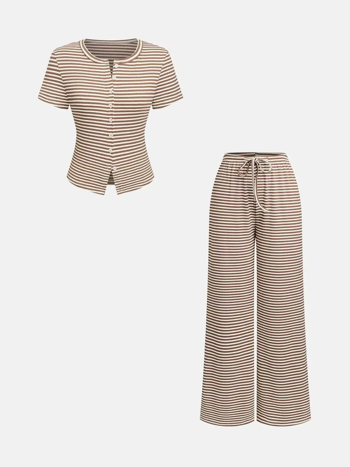 Women's 2-Piece Casual Wide Leg Pants and Short Sleeve Round Neck Striped Knit Top Set, Perfect for Everyday Comfort and Style, Clothes Pants Sets