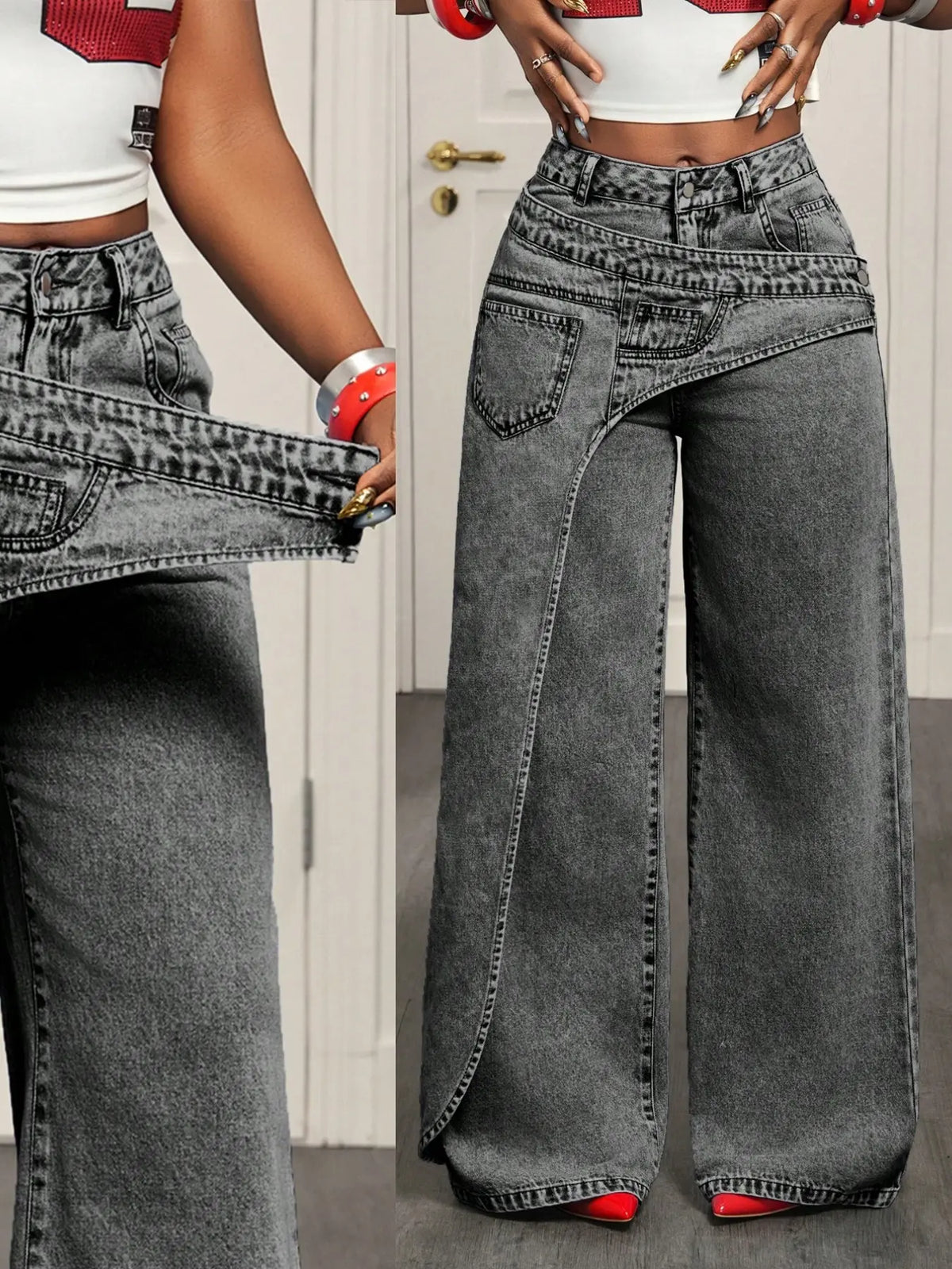 Women's Casual Denim Jean Long Pants, Elegant Plain Pattern, Loose-Fitting, All-Season Fashion, Trendy Asymmetrical Design