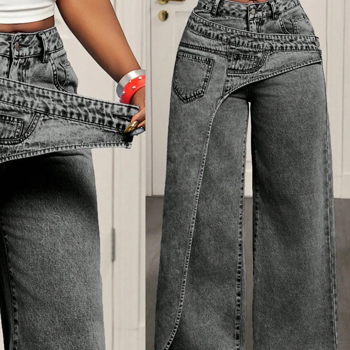 Women's Casual Denim Jean Long Pants, Elegant Plain Pattern, Loose-Fitting, All-Season Fashion, Trendy Asymmetrical Design