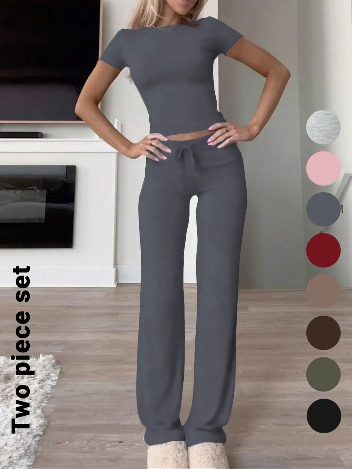 Women's Basic Minimalist Solid Short Sleeve Two-piece Set, Casual Round Neck Crop Tee & Drawstring High Waist Trousers for Daily Wear, Ladies Summer Clothes, Womenswear
