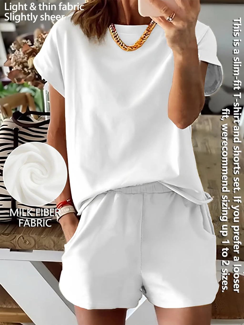 Women's Summer Short Sleeve Plain Basic Fitted Set Outfit Suits Womenswear Style, Slim-Fit Natural Waist Design Shorts & Tops, Perfect for Casual Wear