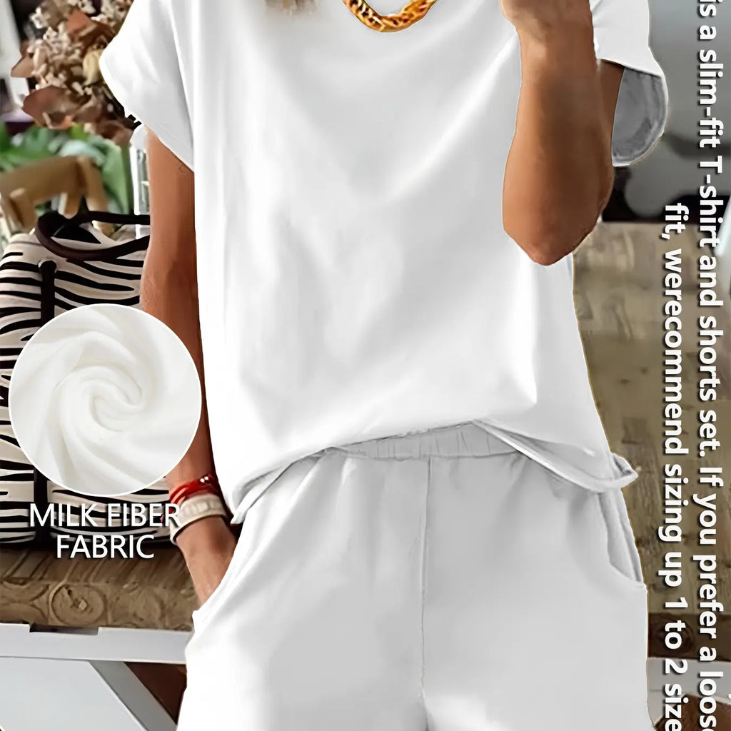 Women's Summer Short Sleeve Plain Basic Fitted Set Outfit Suits Womenswear Style, Slim-Fit Natural Waist Design Shorts & Tops, Perfect for Casual Wear