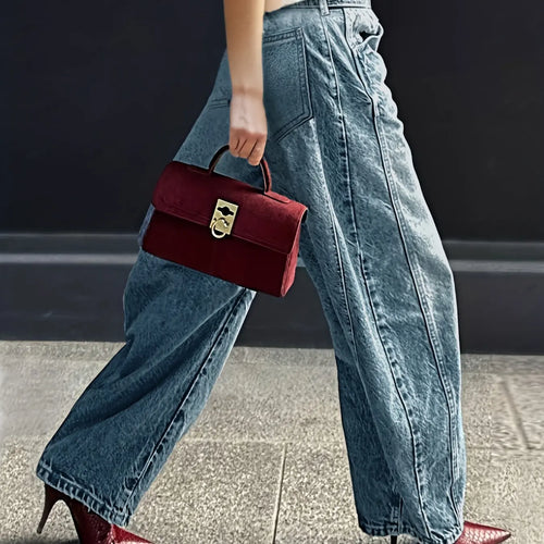 2026 standard size women's blue washed denim fashionable wide leg loose baggy casual jeans pants, simple, fashionable and loose, suitable for wearing all seasons