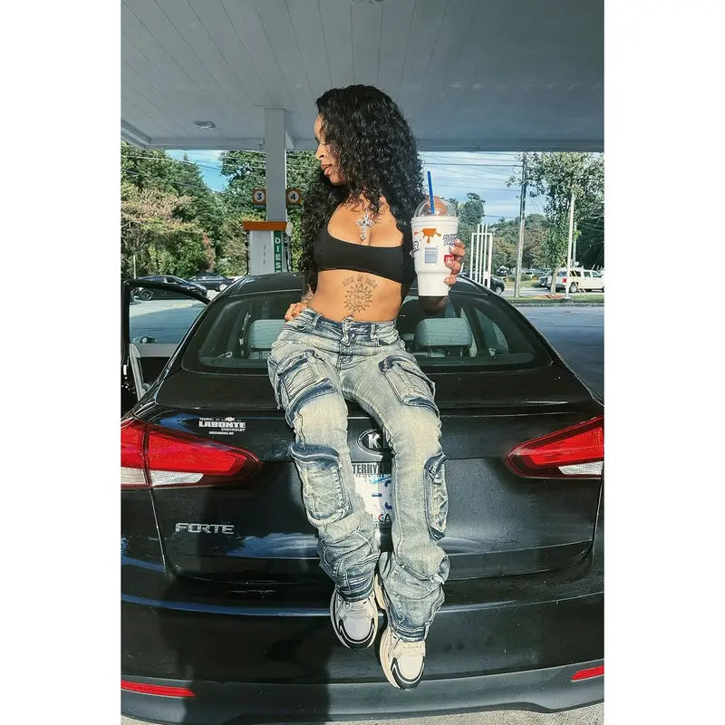 Alisson Dark Wash Tinted Cargo Super Stacked Jean