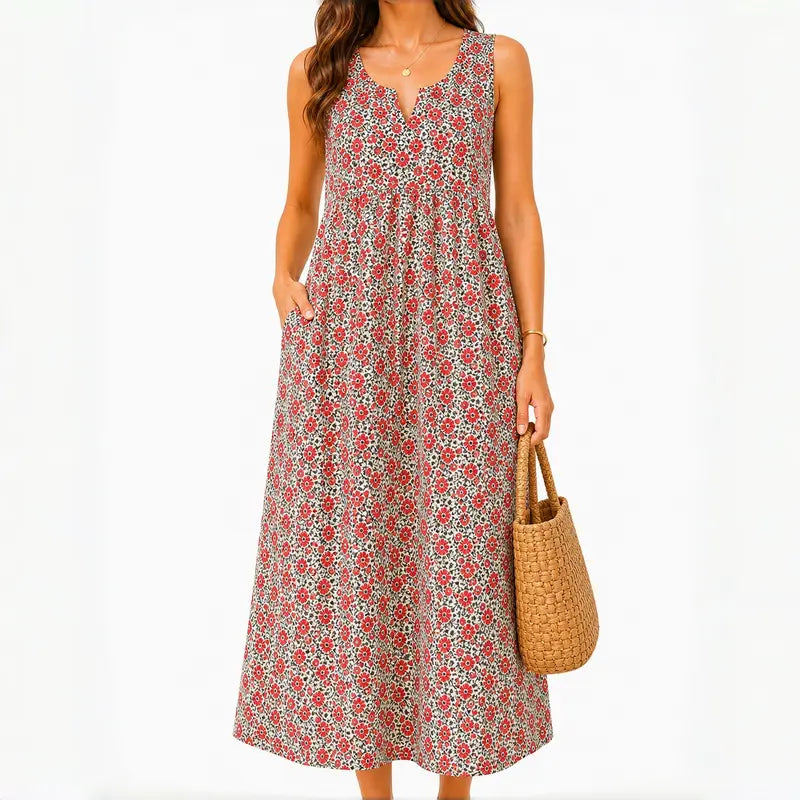 GLAMONIQUE Women's Brown Polka Dot H-Type Maxi Dress - Sleeveless V-Neck Spaghetti Strap, Lightweight Flowy, Side Slit, Adjustable Casual Wear for Outdoor, Vacation
