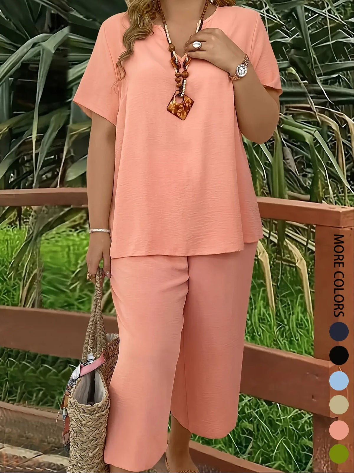 Plus Size Elegant Minimalist Women's Solid Color Short Sleeve Fashion Top & Casual Wide Leg Pants Set for Summer, Lounge Pants Set, Everyday Comfortable & Stylish, Lady Womenswear, Style, Fit, Clothes, Fashion Clothing Set