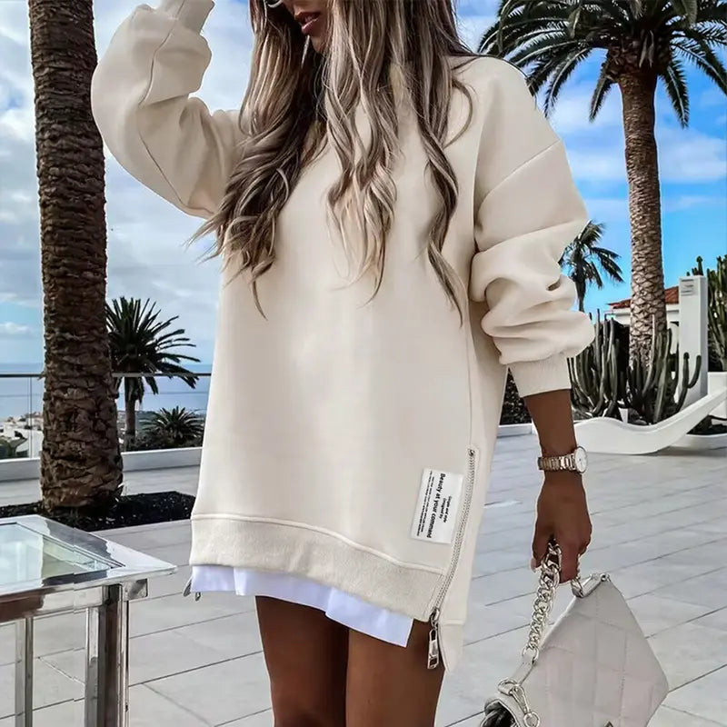 CHICME 2026 Women's Oversized Fall Long Sleeve Pullover Sweatshirt Zipper Slit Casual Dress Drop Shoulder Outfits, Dresses For Women, Women's Clothes
