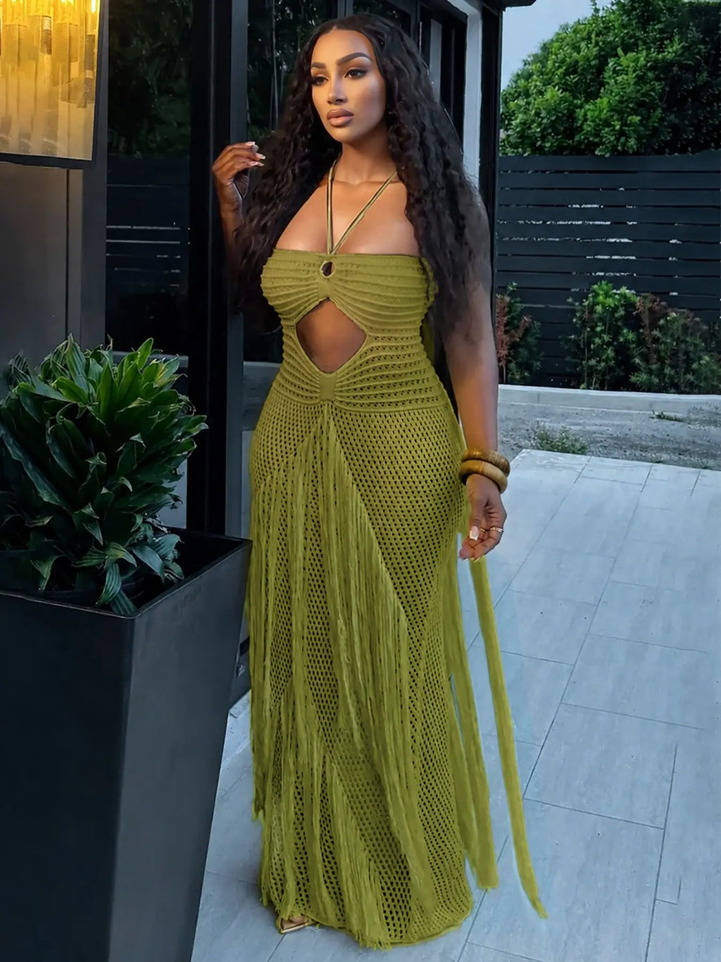 Women's Crochet Knit Breathable Maxi Dress with Fringe Tassel Sexy see through Cutout Halter Backless Boho Chic Casual Style Beach Party Vacation Summer Outfit Resort Wear Club Party Dress