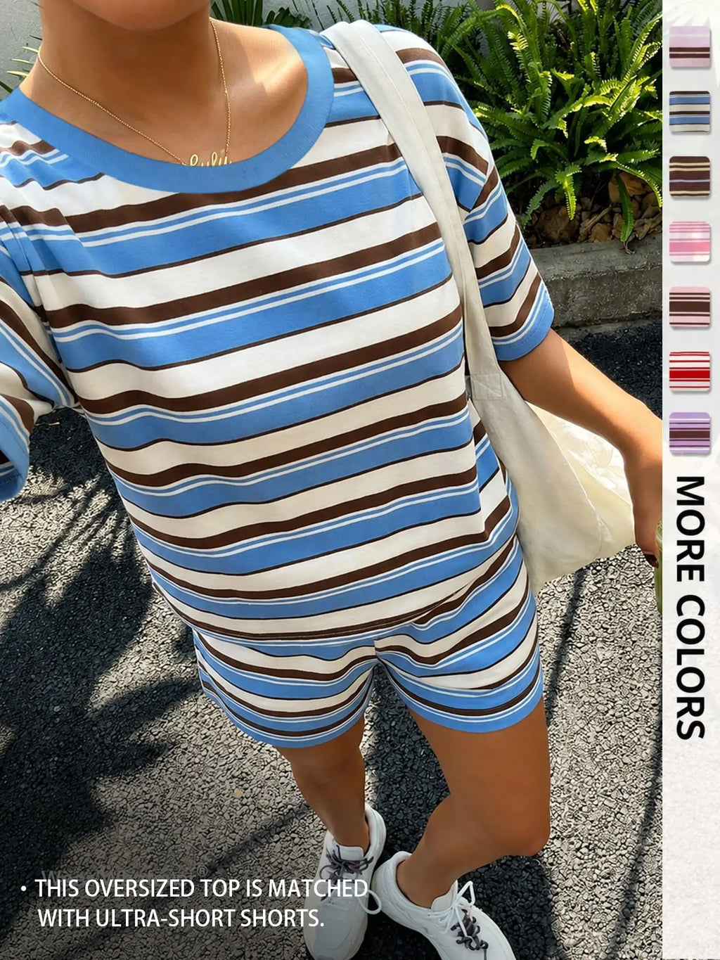 Women's Casual Striped Print Loose-Fit Set, Two Piece Outfit, Summer Wear, Vintage, American Retro Street Style, Perfect for Vacation and All-Day Home Wear, Fashion