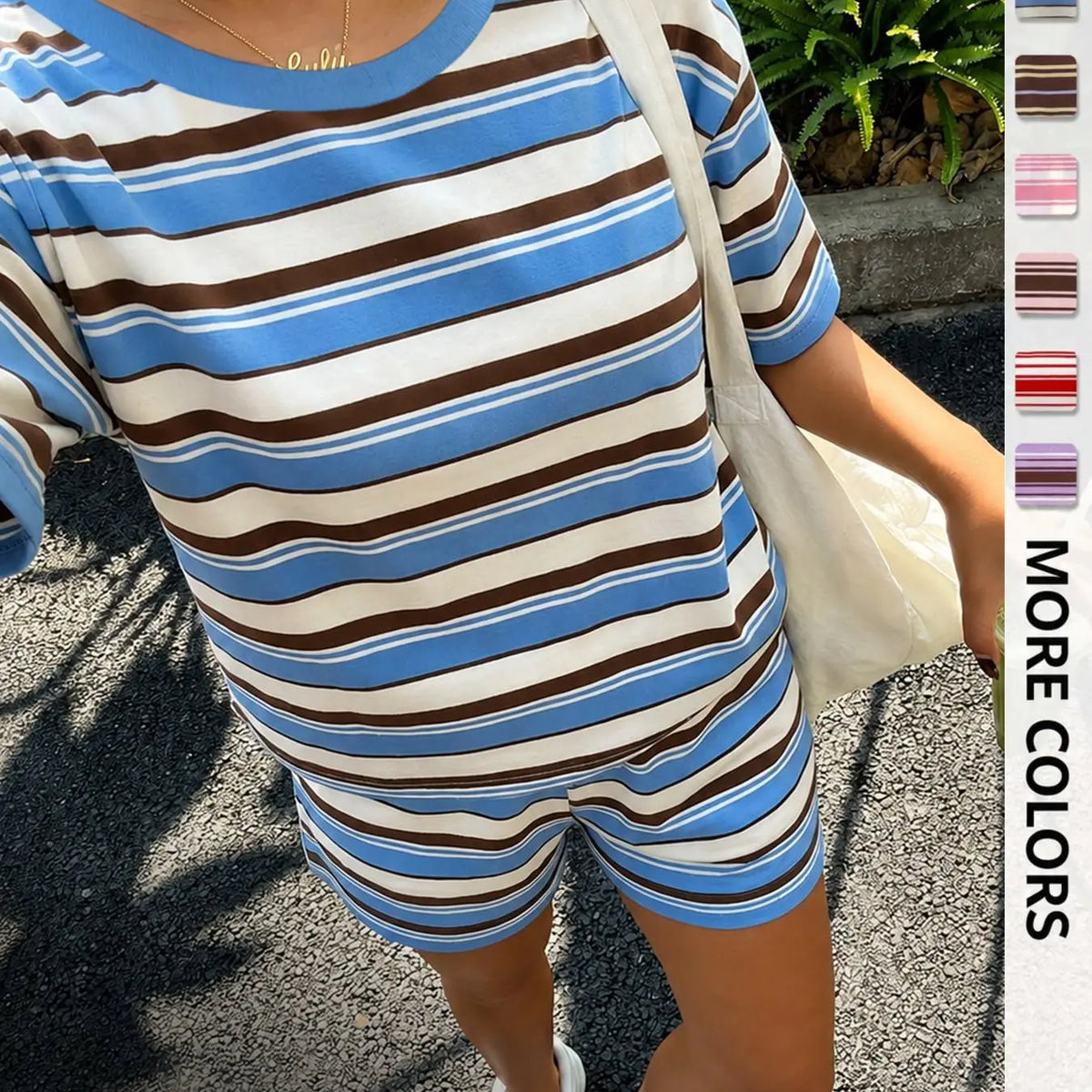 Women's Casual Striped Print Loose-Fit Set, Two Piece Outfit, Summer Wear, Vintage, American Retro Street Style, Perfect for Vacation and All-Day Home Wear, Fashion