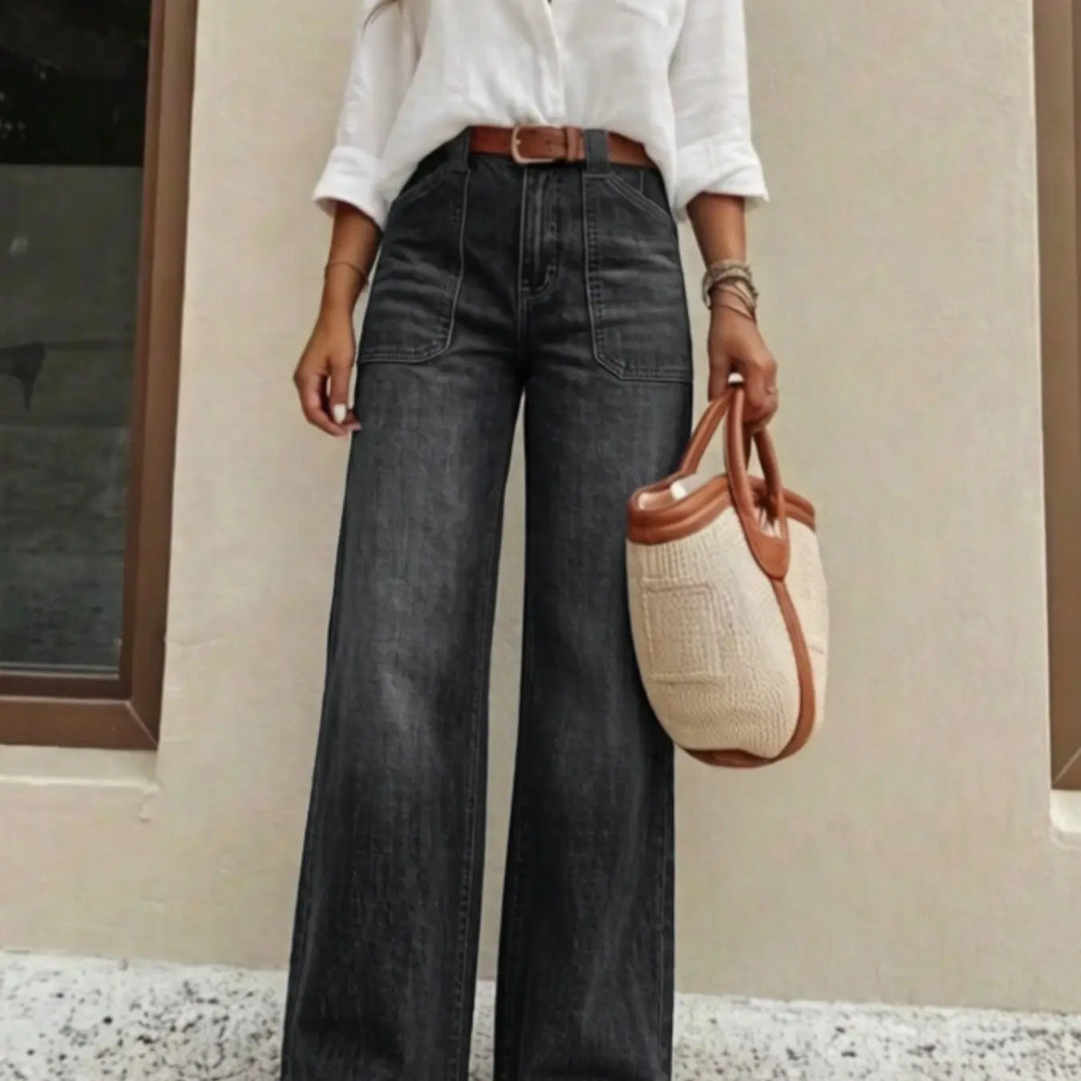 Women's Plus Size High Stretch Washed Denim Baggy Jeans, Frayed Hem Design, Large Pockets, Fashionable All-Season Commuter Wear, No Belt Included