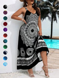 Plus Size Ethnic Pattern Backless Scoop Neck Fitted Cami Dress, Boho Print Dress, Bohemian Style Dresses, Boho Bohemian Fashion Chic Sleeveless Casual A Line Long Dress, Casual Boho Sundress for Beach Holiday Vacation, Women's Plus Clothing for Summer