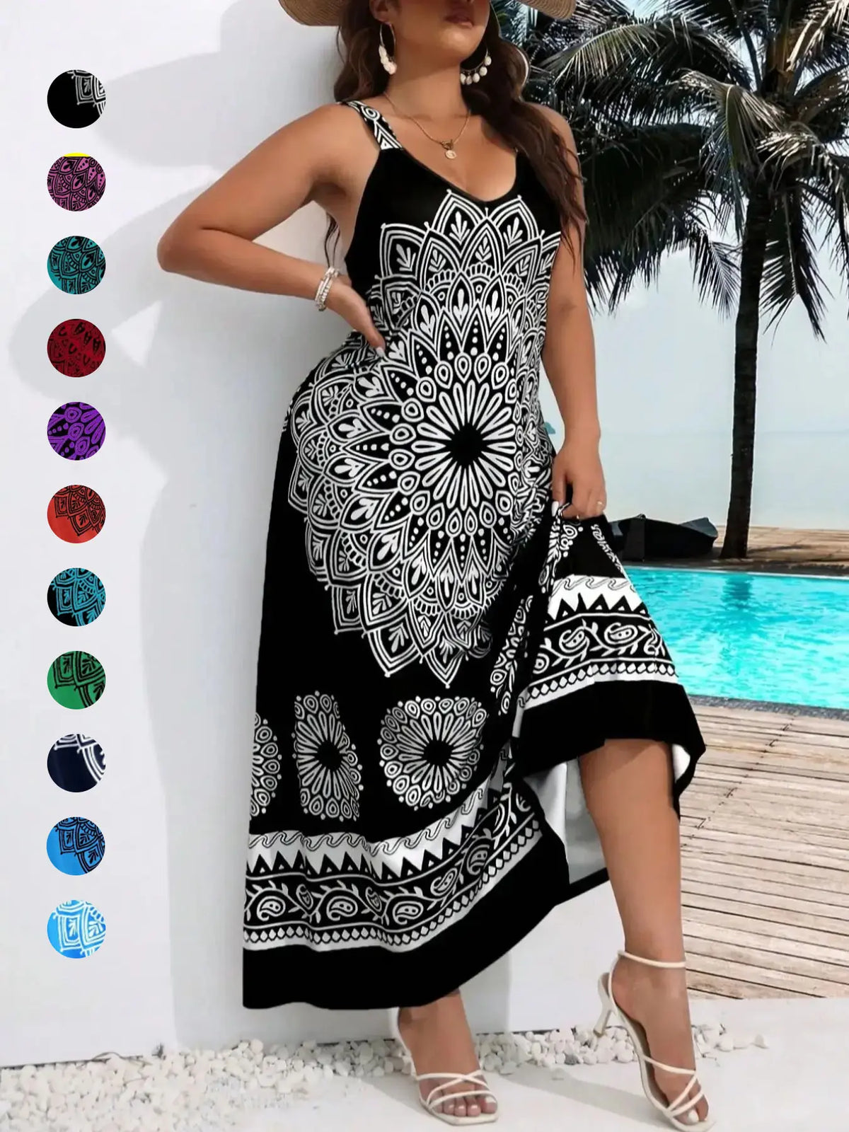 Plus Size Ethnic Pattern Backless Scoop Neck Fitted Cami Dress, Boho Print Dress, Bohemian Style Dresses, Boho Bohemian Fashion Chic Sleeveless Casual A Line Long Dress, Casual Boho Sundress for Beach Holiday Vacation, Women's Plus Clothing for Summer