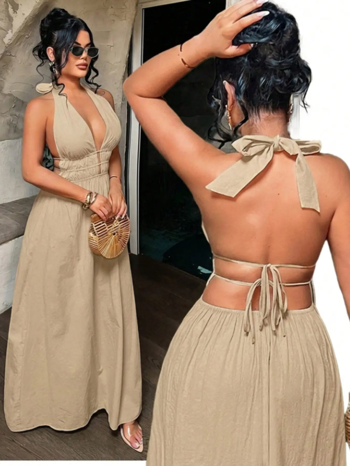 Women's Solid Color Deep V Neck Pleated Design Sexy Dress, Date Night Dress, Essential Summer Fashion Item for Women, Stylish and Alluring Evening Wear