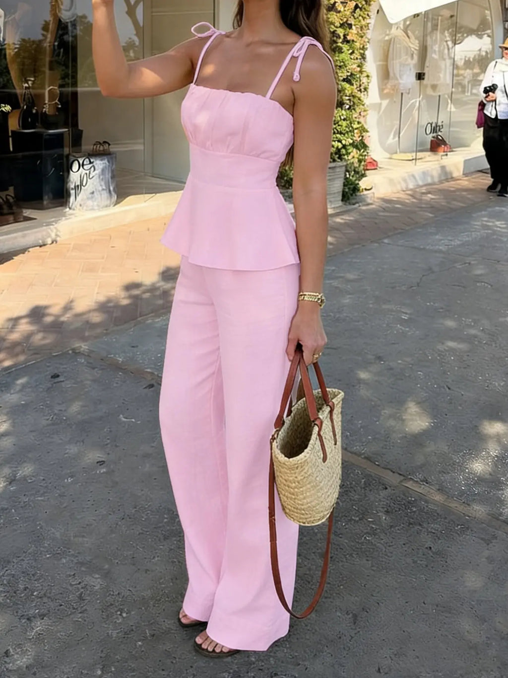 Solid Color Casual Simple Ruffled Cami Top & Wide-Leg Pants Two-Piece Set Outfit, High-Waisted Sleeveless Fitted H-Line Lightweight Lady Womenswear