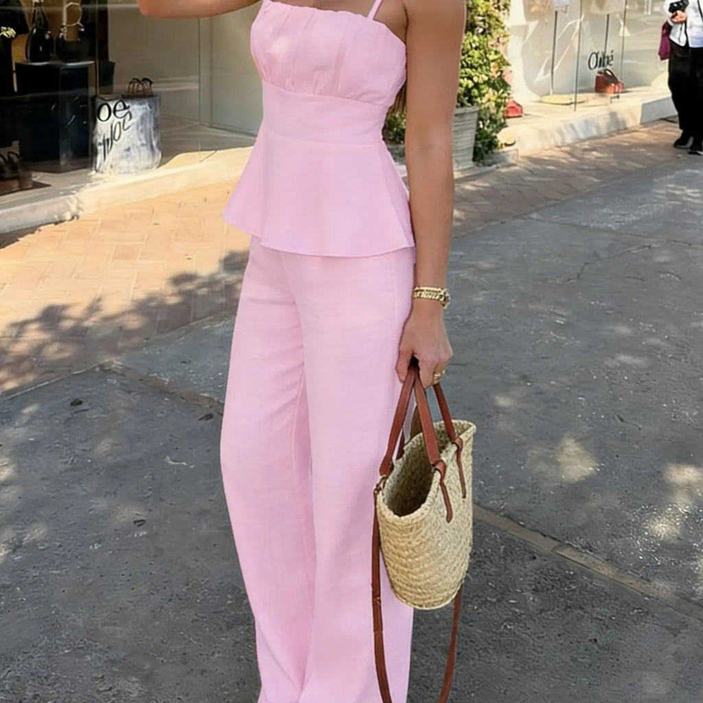 Solid Color Casual Simple Ruffled Cami Top & Wide-Leg Pants Two-Piece Set Outfit, High-Waisted Sleeveless Fitted H-Line Lightweight Lady Womenswear
