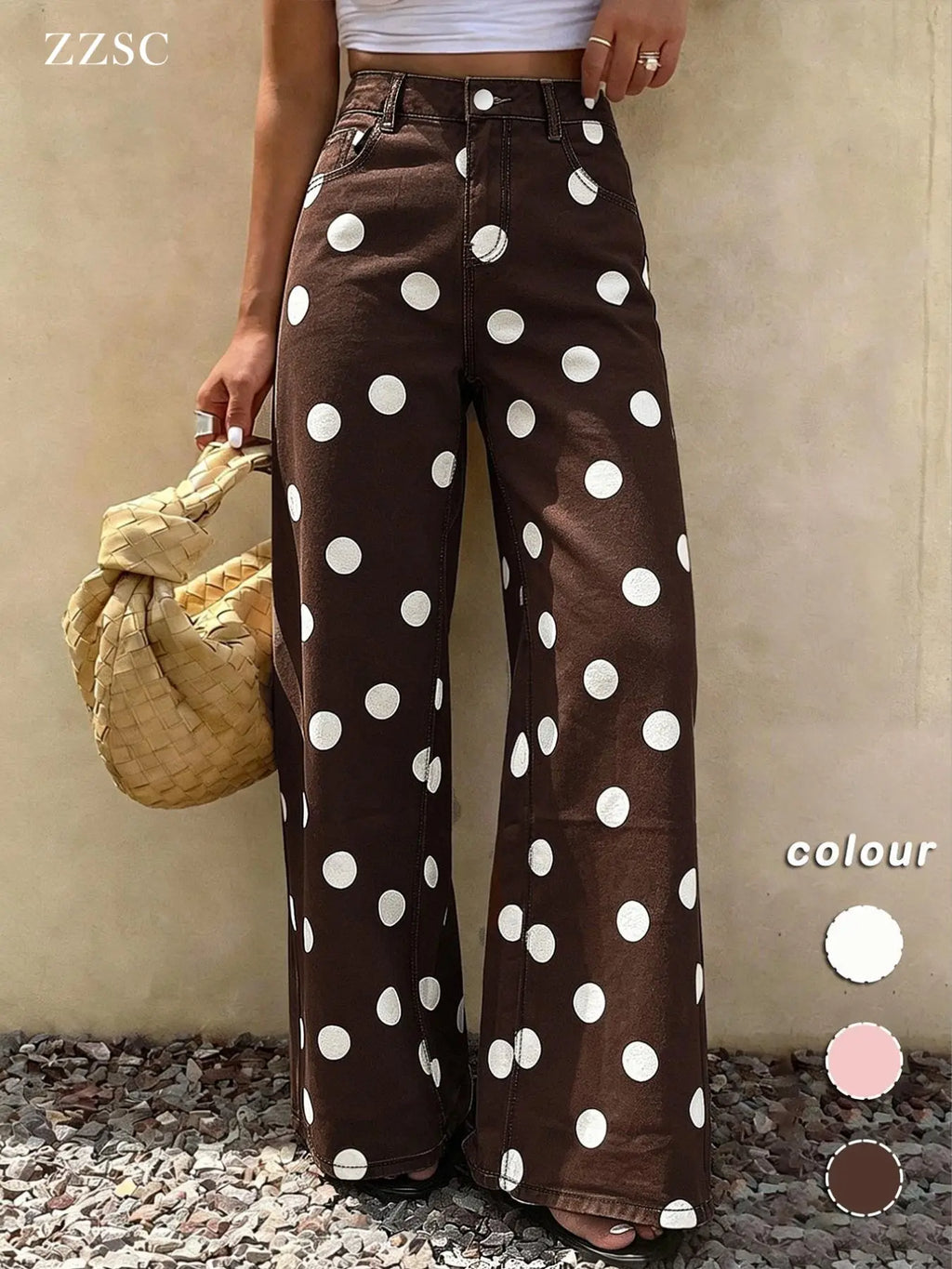 Spring Summer High-Waisted Elastic Women's Jeans, Casual Wide Leg Pants, Polka Dot Design, Regular Fit