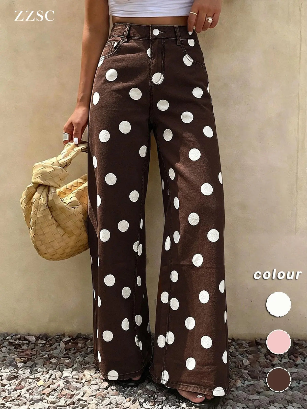 Spring Summer High-Waisted Elastic Women's Jeans, Casual Wide Leg Pants, Polka Dot Design, Regular Fit