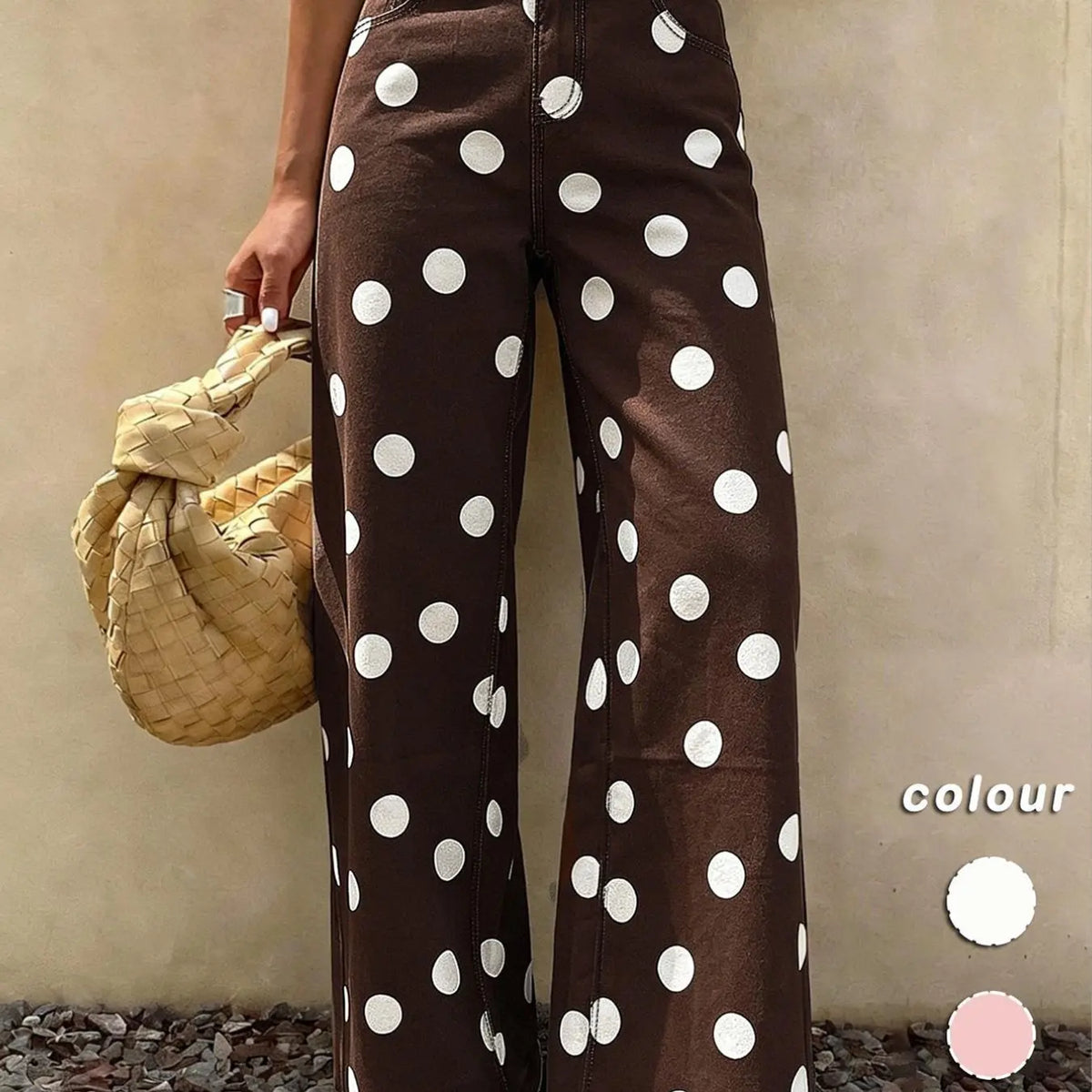 Spring Summer High-Waisted Elastic Women's Jeans, Casual Wide Leg Pants, Polka Dot Design, Regular Fit