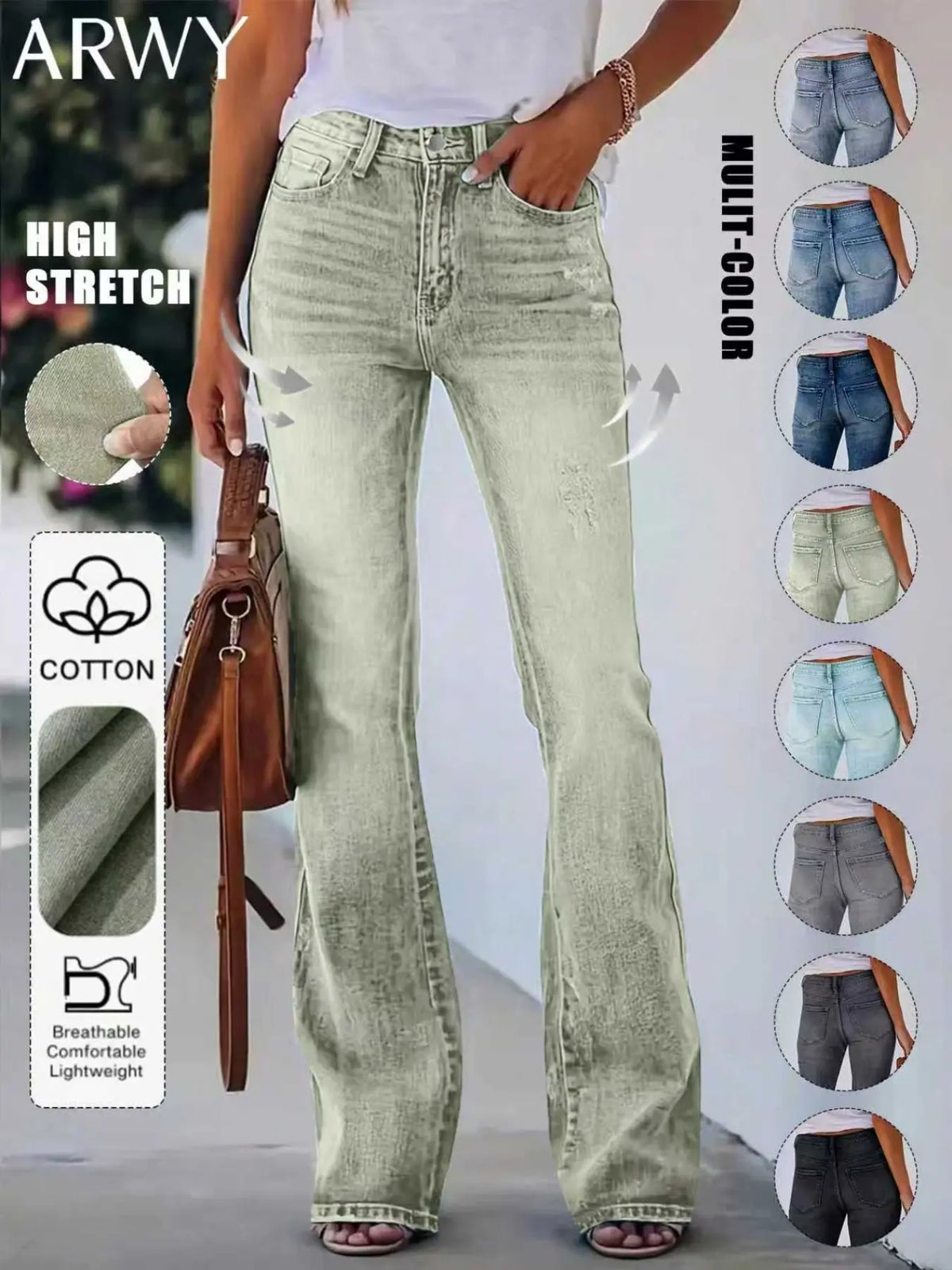 Women's Bohemian Gradient Slim-Fit Flare Leg Denim Jeans for All Seasons, Medium-Wash Denim Mid-Waist Stretchy Pants with Pockets, Womenswear
