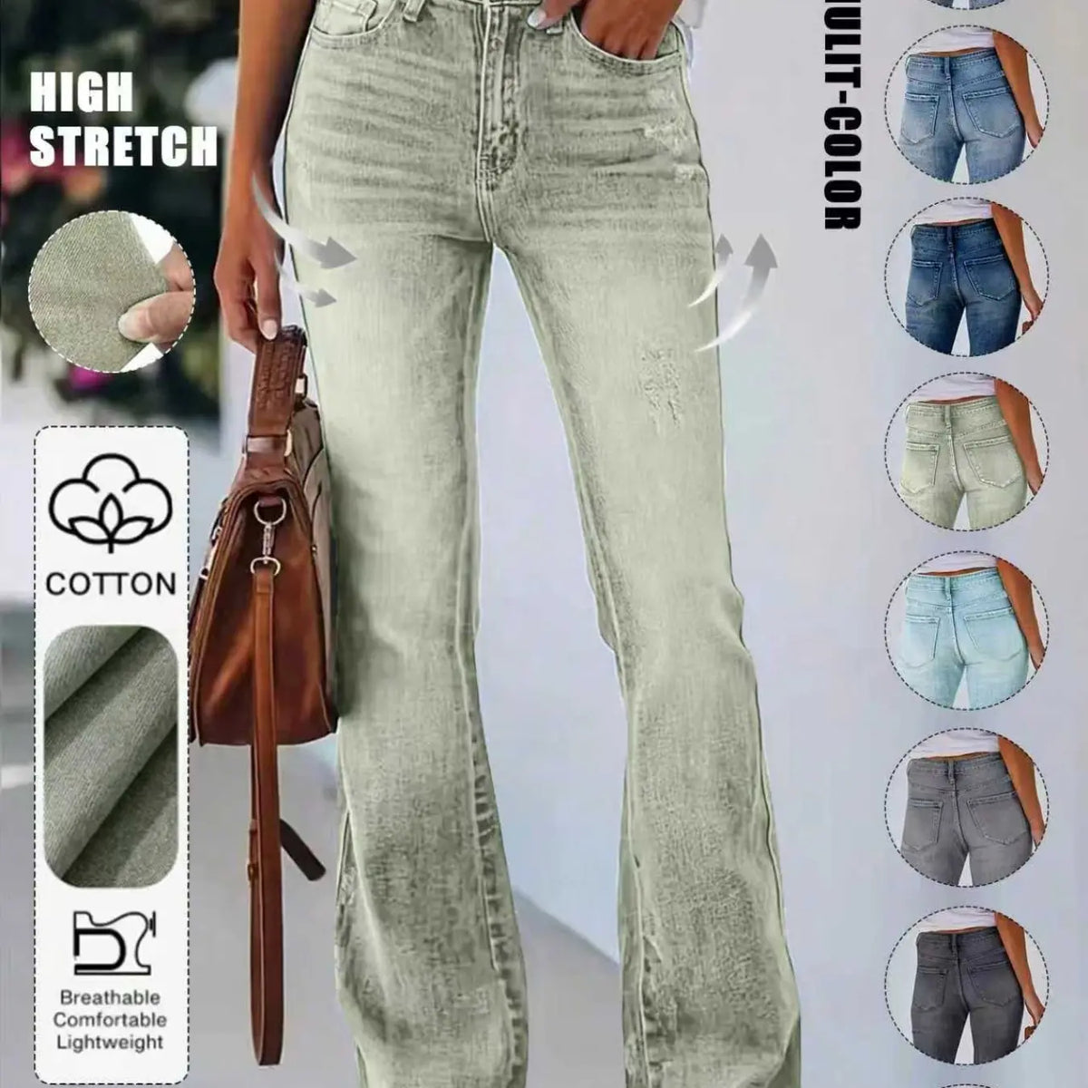 Women's Bohemian Gradient Slim-Fit Flare Leg Denim Jeans for All Seasons, Medium-Wash Denim Mid-Waist Stretchy Pants with Pockets, Womenswear