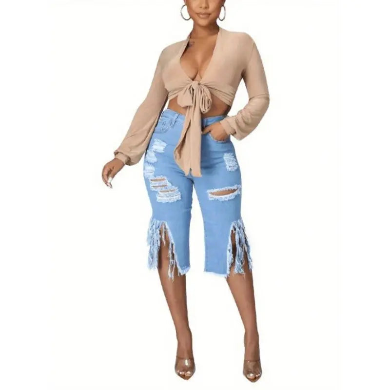 Ripped Denim Shorts Stretch High Waist Trendy Women Distressed Fringe Casual Summer Fashion Must Have