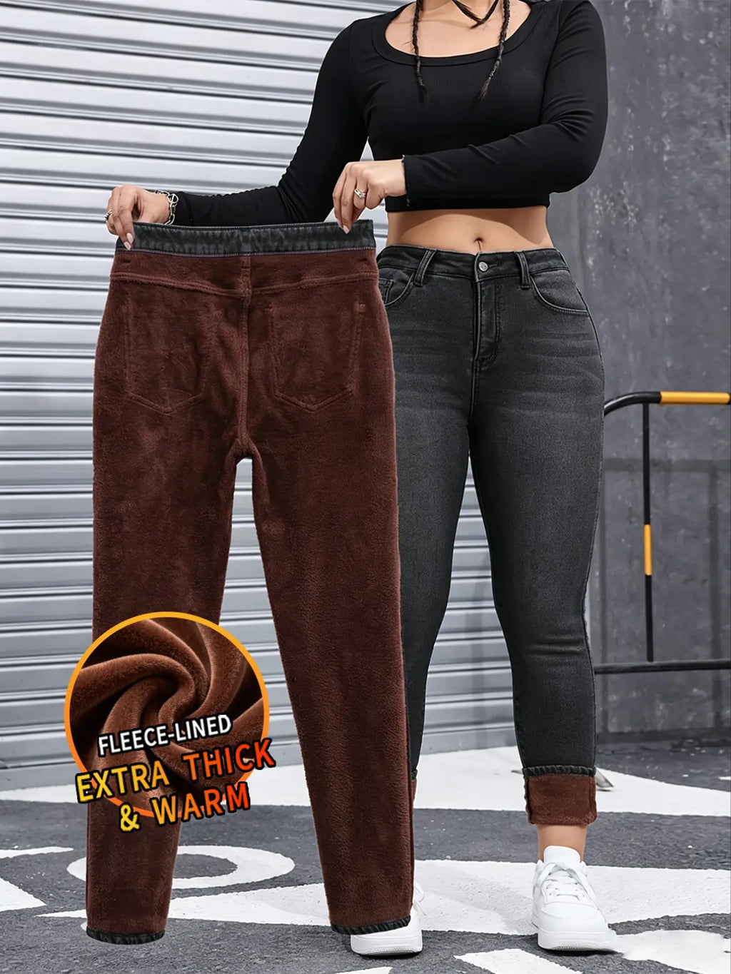 Women's Basic Chic Fleece-Lined Thermal High Waist Jeans, Slim-Fit Woven Denim Pants for Fall & Winter, Chic Bottoms, Trouser
