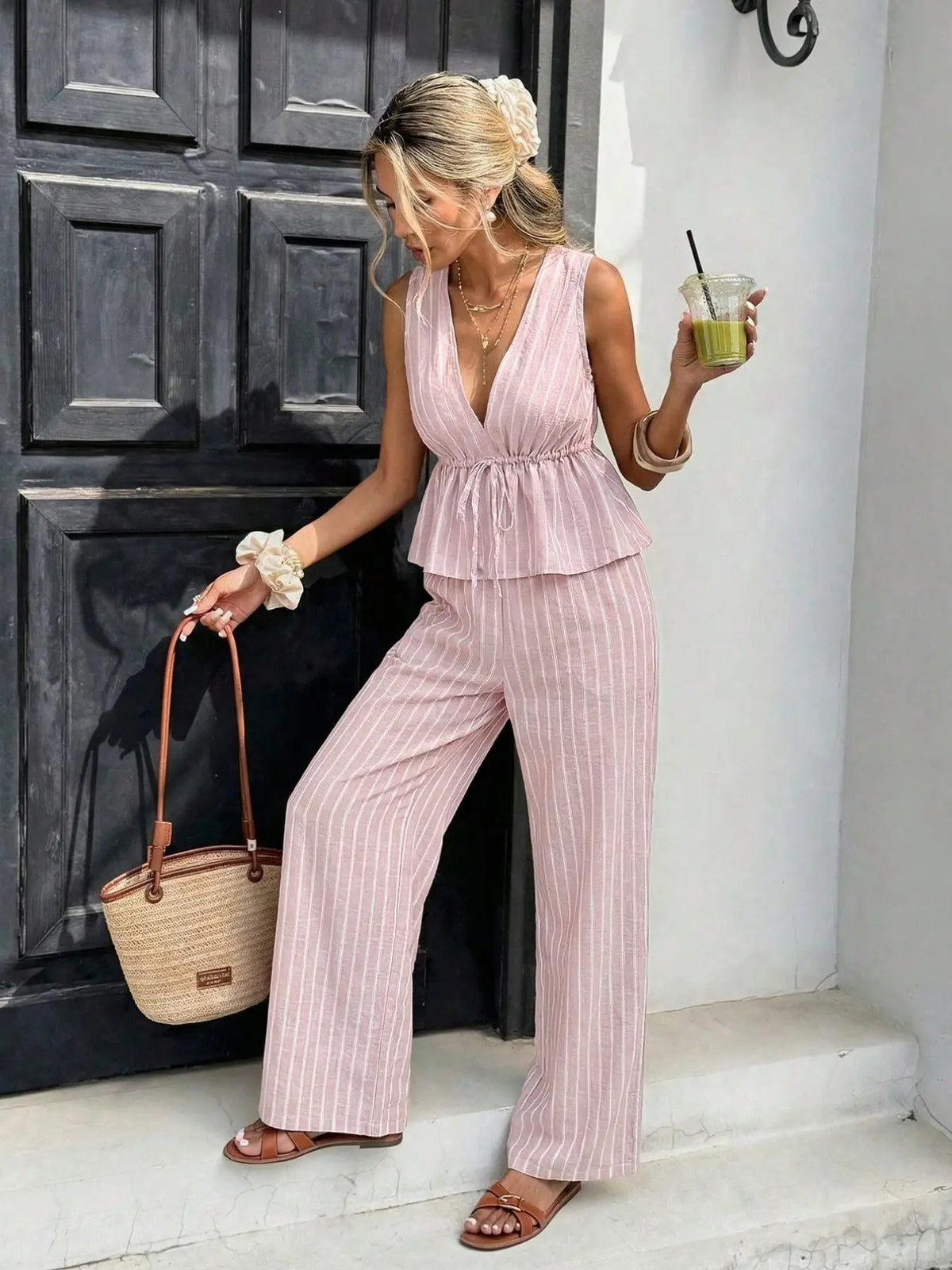 Women's Striped Tie-Waist Sleeveless Blouse Shirt Matching Set Outfit, Long Pants Casual Two-Piece, Vintage Bohemian Style, Commuter Wear, Elegance