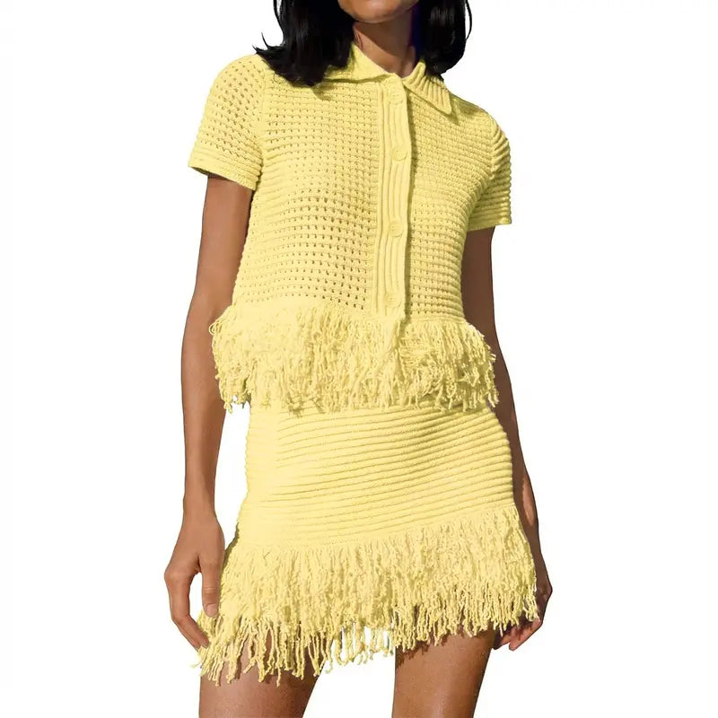 Fisoew Women's Crochet Knit 2 Piece Set, Short Sleeve Button Top with Matching Fringe Skirt, Summer Vacation Beach Cover Up, Shortsleeve, Women's Fashion SohoChic