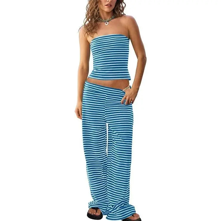 TANKANEO Women's 2-Piece Striped Trendy Clothing Set - Cute Slim Y2K Strapless Tube Top & Wide Leg Pants, Comfortable Casual Spring Summer Outfits (Cute Clothes, Casual Women's Set)