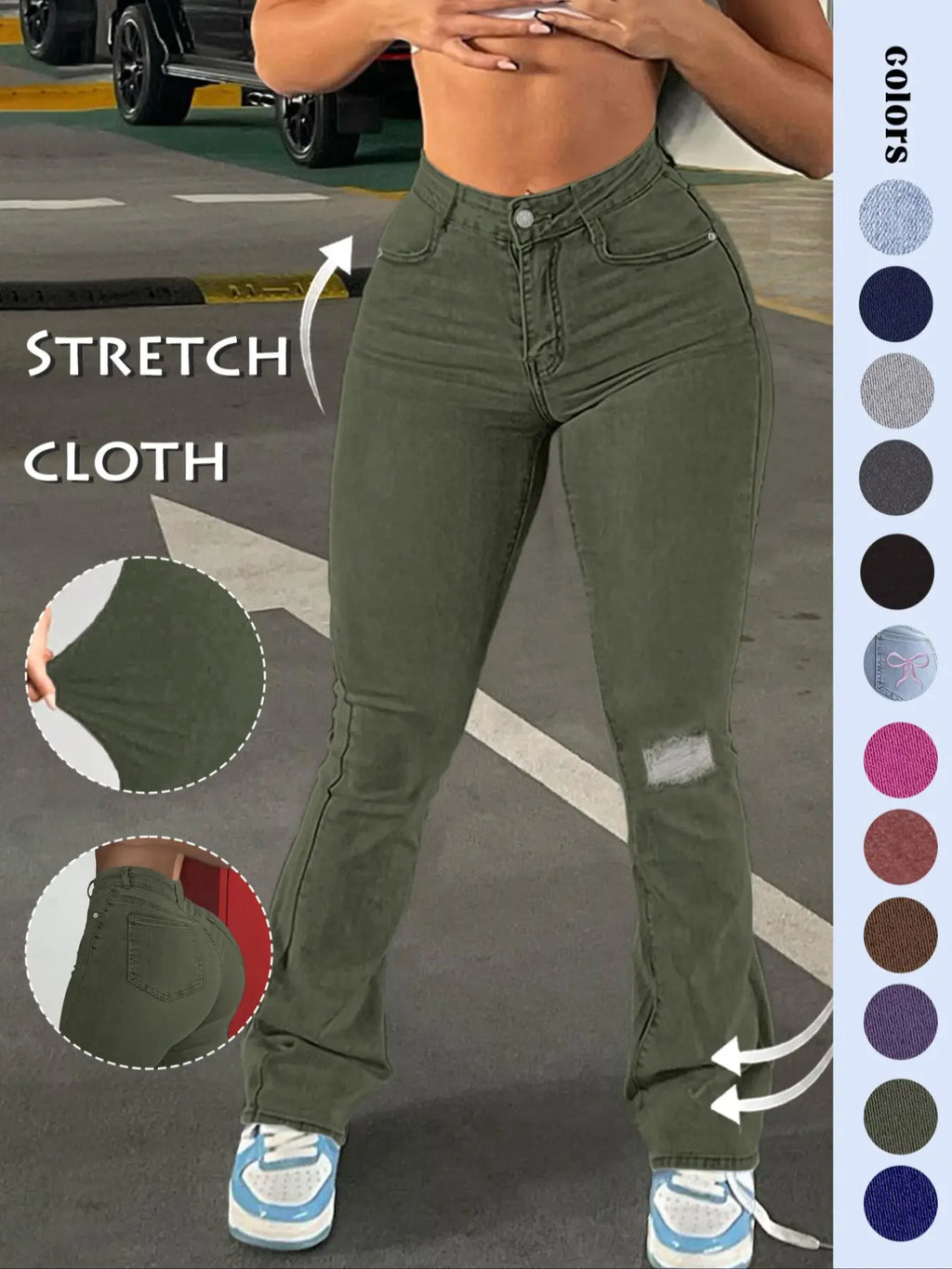 GILIPUR Y2K Women's Plain Ripped Bootcut Flared Fit Jeans, Casual High Waist Pocket Button Fly Bell Bottom Denim High Rise Pants for Daily Outdoor Wear, Medium Stretch Cotton Fabric, Flare Leg Jeans for All Seasons, Streetwear