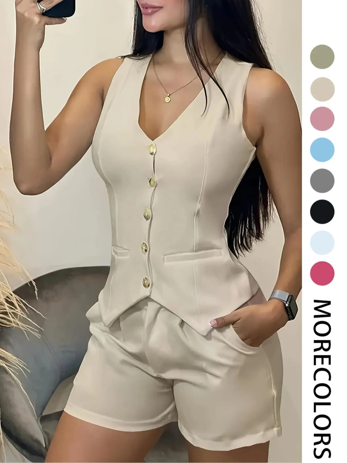 Women's Solid Color Fitted Suit Vest & Shorts, Casual Minimalist Sleeveless Top & Shorts for Daily Wear, Ladies Clothes for All Seasons, Office Siren Outfits, Summer Outfit, Chic, Sleeveless Vest Set, Co Ord Set, Womenswear, Fashion Clothing Set