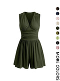Women's Plain Ribbed Ruched Deep V Neck Tank Short Piece, Elegant Sleeveless Shorts Romper For Summer, Fashion Casual Ladies Clothes For Daily Wear