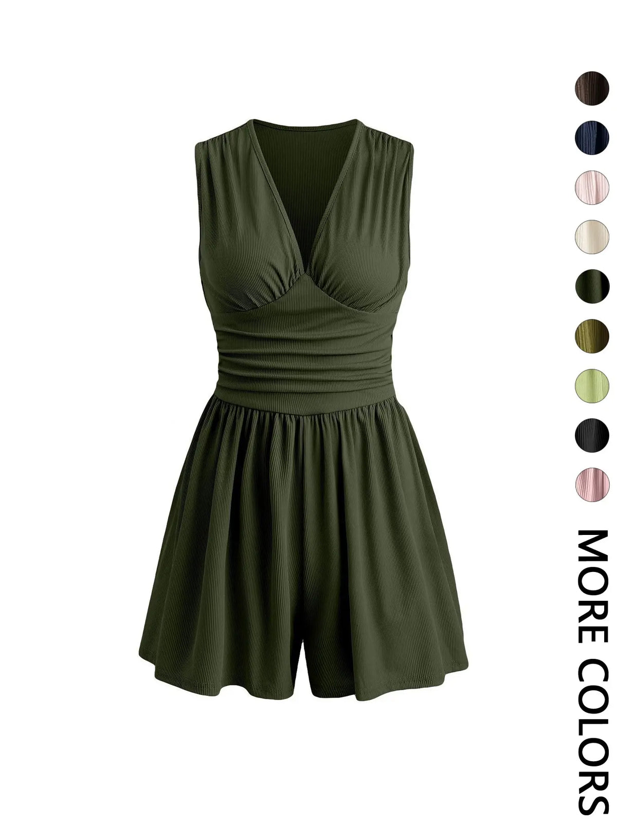Women's Plain Ribbed Ruched Deep V Neck Tank Short Piece, Elegant Sleeveless Shorts Romper For Summer, Fashion Casual Ladies Clothes For Daily Wear