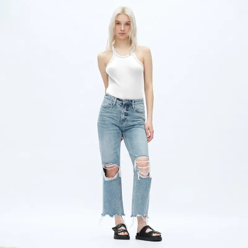 ONESO Women's Super High Rise Destroyed Straight Rigid Leg Jeans Non-Stretch Distressed Denim Pants Size Comfortable Fashion FitStyle Bottoms Womenswear Fitted Streetwear Fabric  Basic Minimalist Gift #SummerVibes