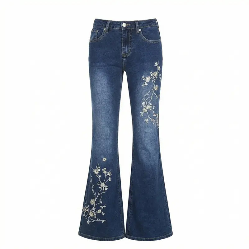 EMMIOL Women Mid Low Rise Bell Bottom Jeans Stretchy Flare Denim Pants Embroidery Vintage Y2K 90s Streetwear SohoChic【Back to School】